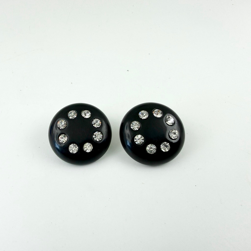 Vintage Black Bakelite Rhinestone Earrings, Art Deco Button Clips, Mid Century - Picture 2 of 5